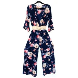Breezy Lace Floral Romper With Wide Legs